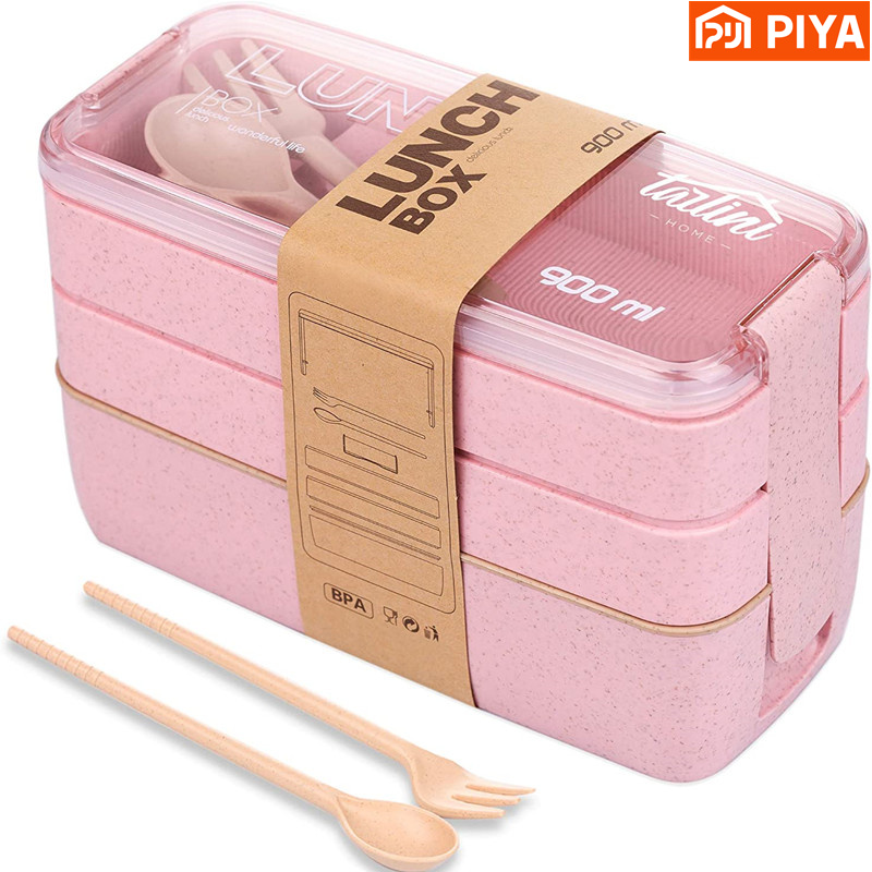 Food Or Snacks - 3-In-1 bölmesi buğday samanı Bento kutusu